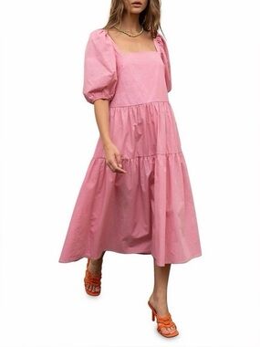 Moon River Pink Puff-Sleeve Tiered Midi Dress